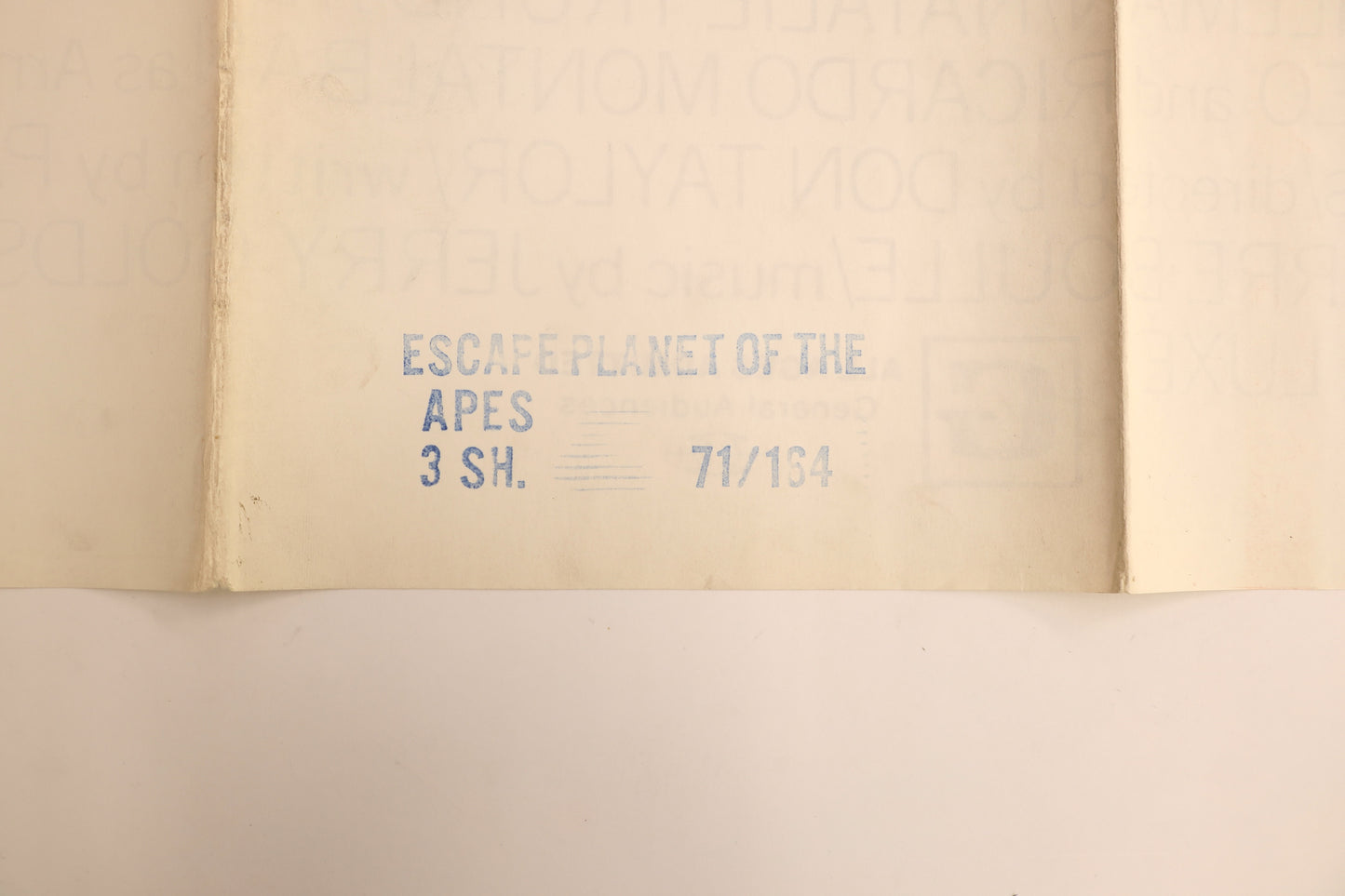 Reverse detail of the Escape from the Planet of the Apes 1971 three sheet poster showing the original “ESCAPE PLANET OF THE APES 3 SH. 71/164” distribution stamp.