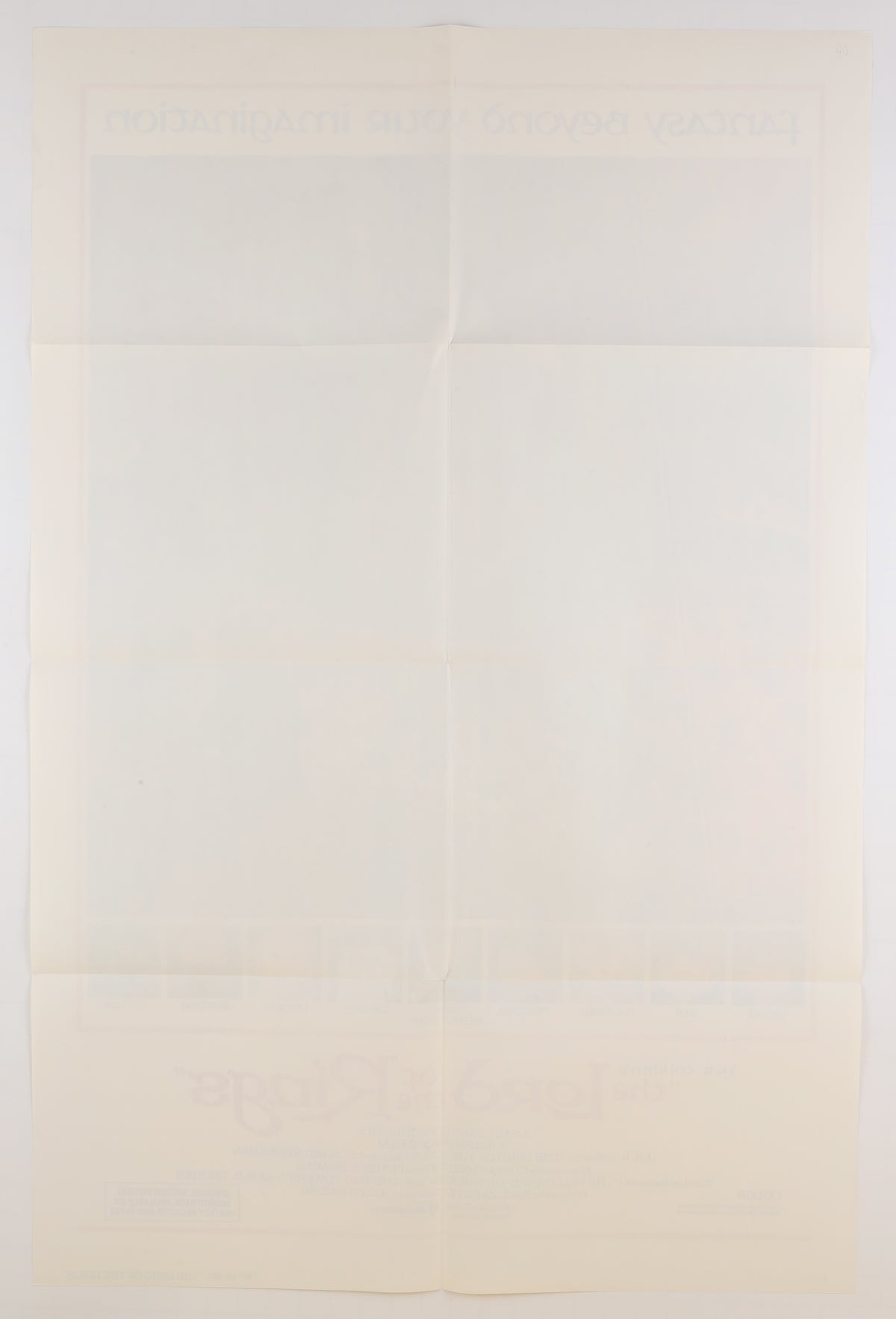 Reverse of the 1978 The Lord of the Rings international one sheet showing multiple horizontal and vertical fold lines, light toning, and faint bleed-through from the front artwork.