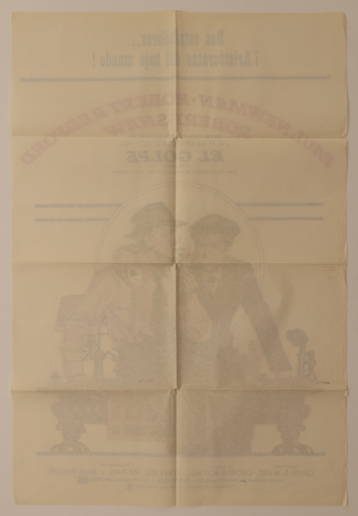 Reverse of The Sting 1973 Argentinian one sheet movie poster showing original fold lines, age toning and handwritten markings.