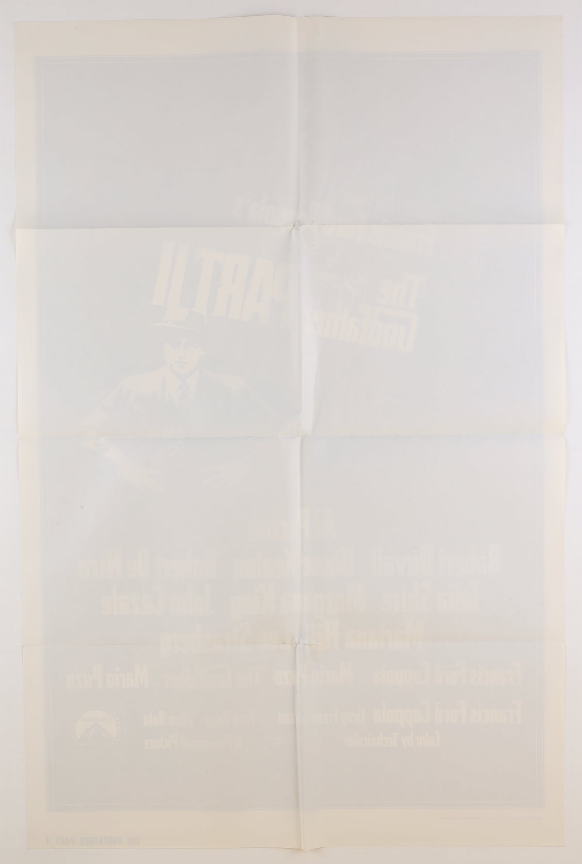 Reverse of the folded The Godfather Part II one sheet showing the horizontal and vertical fold pattern, light toning, and strong image bleed-through.
