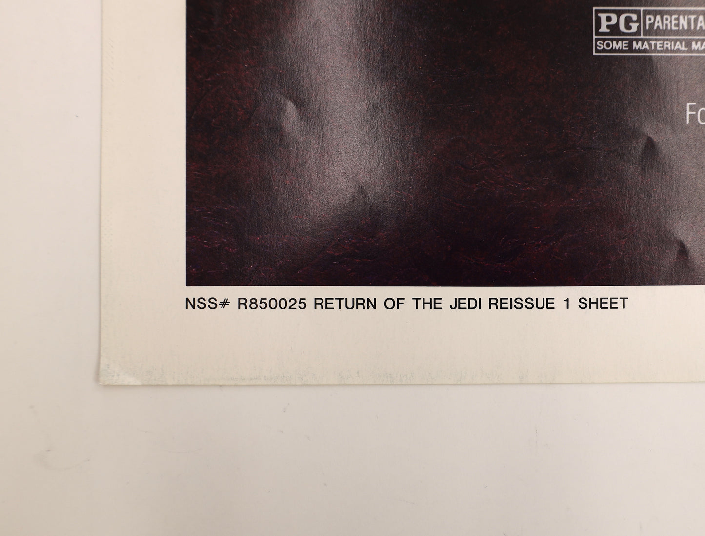Close-up of Return of the Jedi 1985 re-release one sheet showing NSS number R850025 and Return of the Jedi Reissue 1 Sheet printing identification.