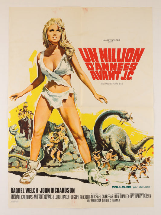 Full front view of the French One Million Years B.C. poster featuring Raquel Welch, prehistoric figures and dinosaurs, with the French title and cast and production credits.