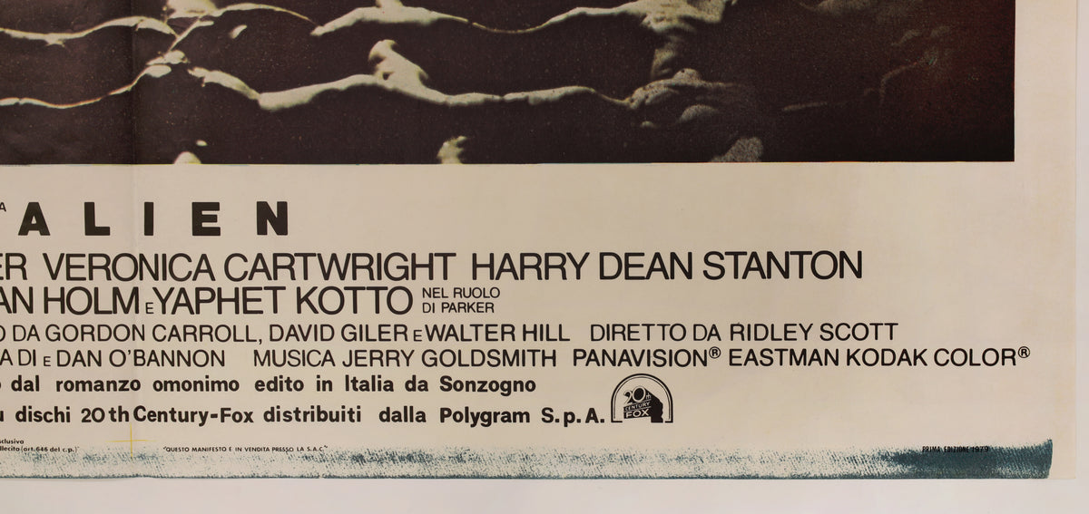 Detail of Alien Italian poster showing Ridley Scott credit, 20th Century Fox logo, and 1979 first-edition printing information.