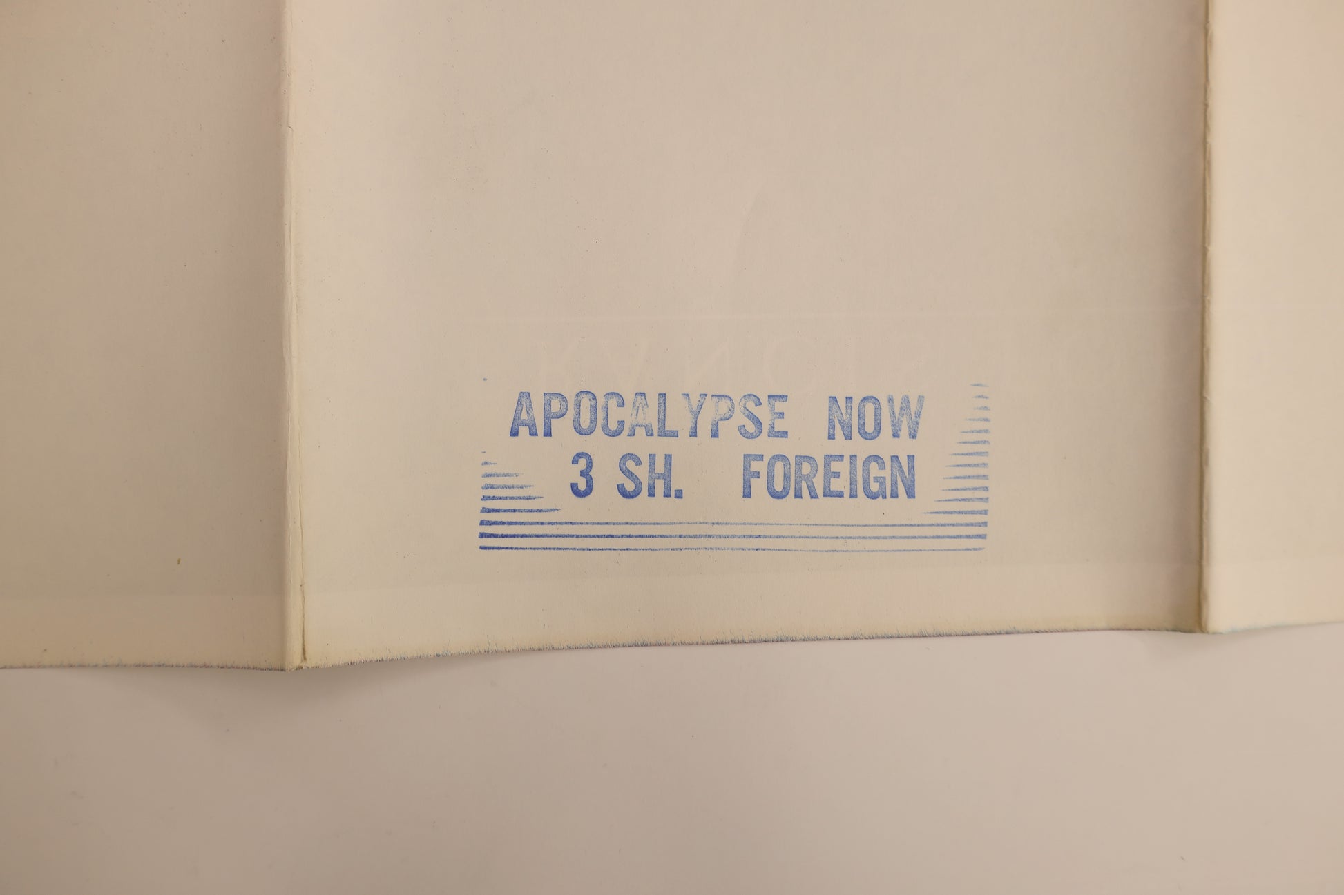Reverse detail of Apocalypse Now 1979 international three sheet movie poster showing the original “APOCALYPSE NOW 3 SH. FOREIGN” distribution stamp.