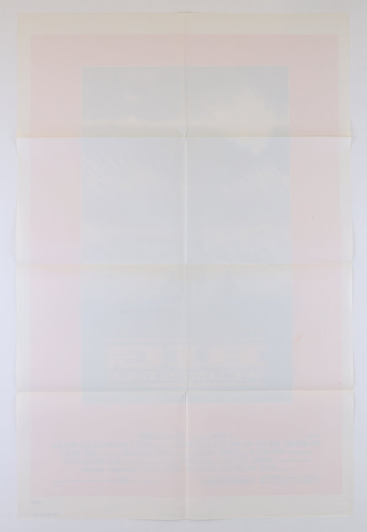 Full reverse of the folded Big Wednesday one sheet showing horizontal and vertical fold lines, light toning, and strong bleed-through from the front artwork.