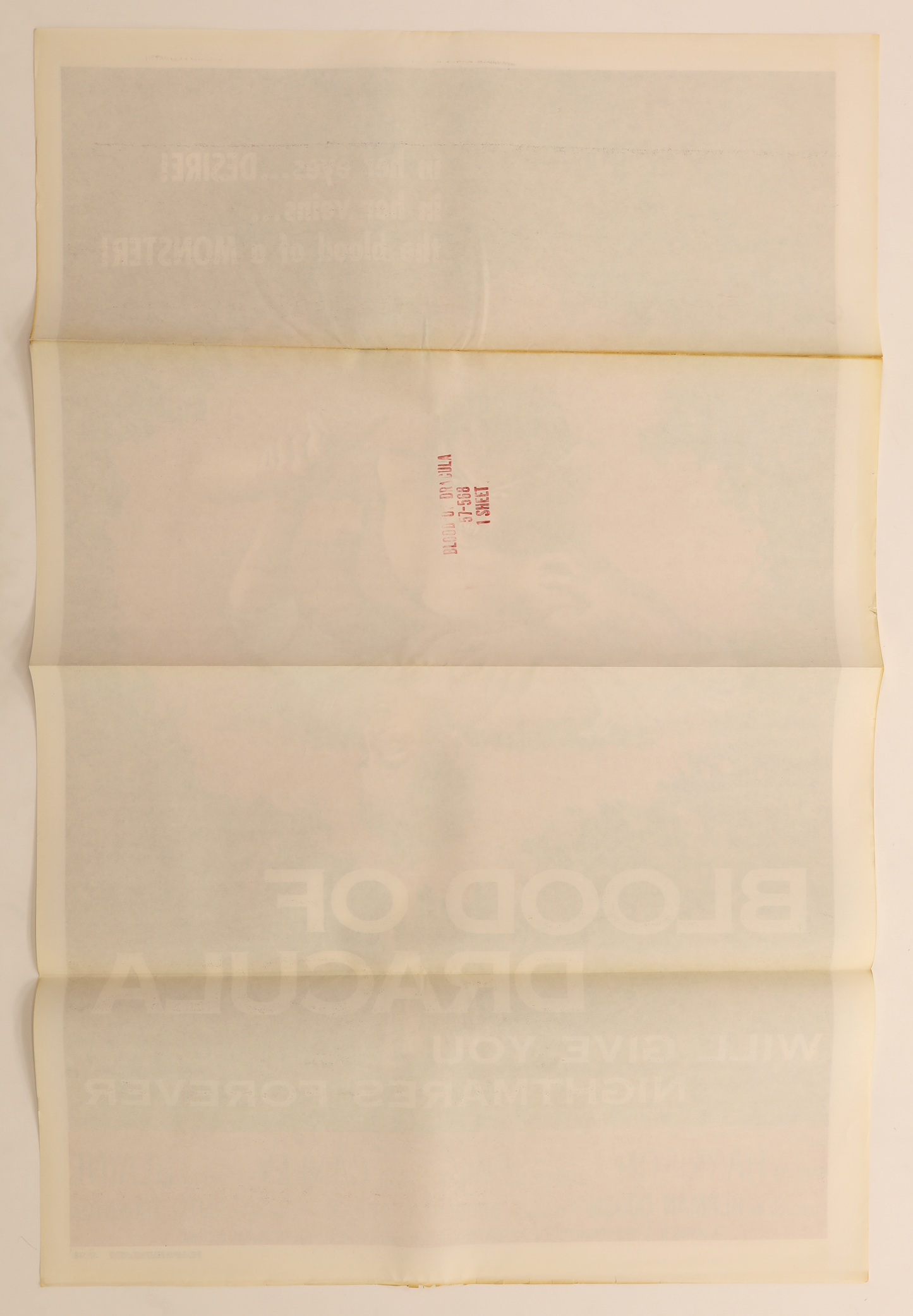 Back of original Blood of Dracula (1957) U.S. one sheet movie poster showing original fold lines and a red theater or distributor stamp.