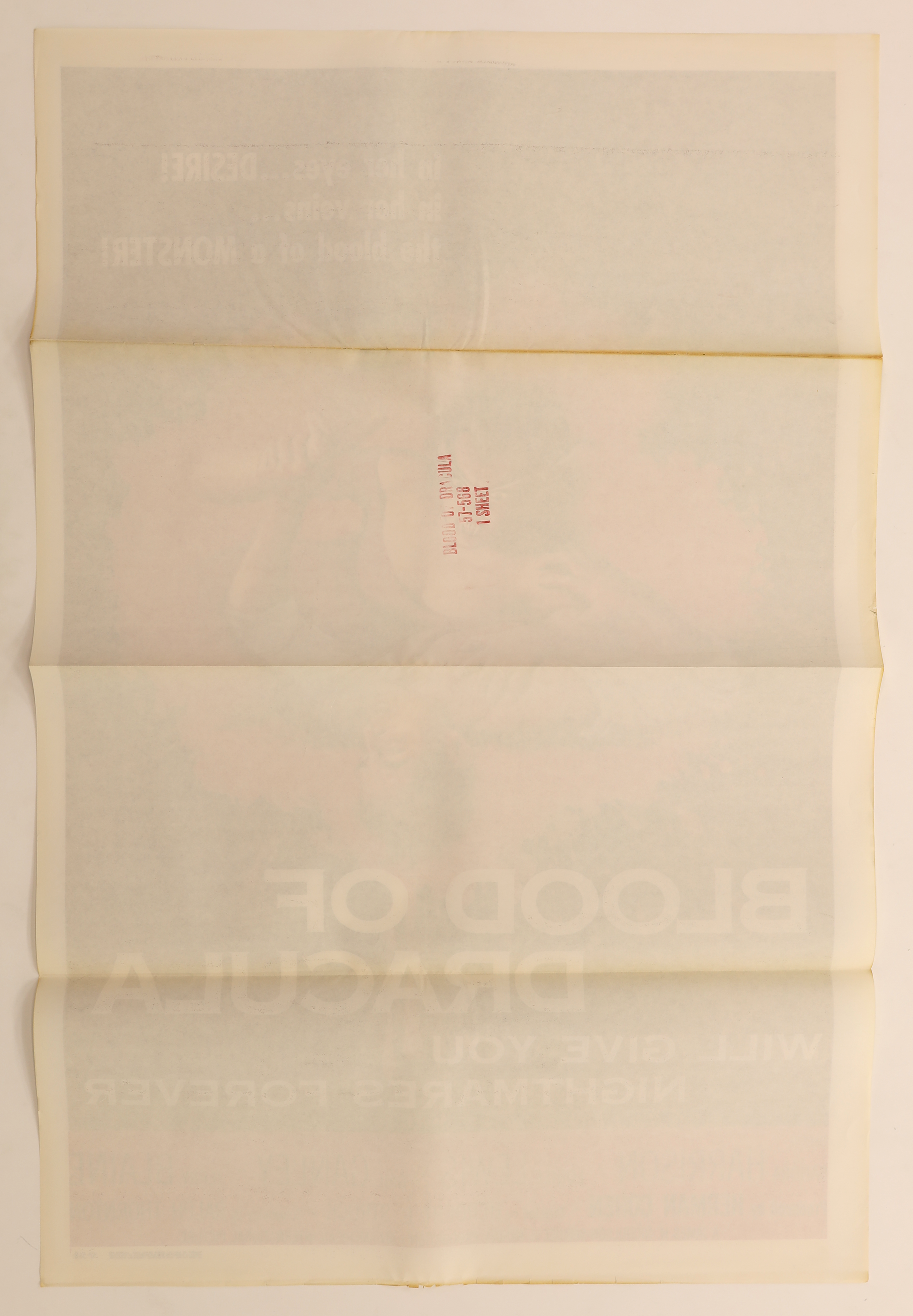 Back of original Blood of Dracula (1957) U.S. one sheet movie poster showing original fold lines and a red theater or distributor stamp.
