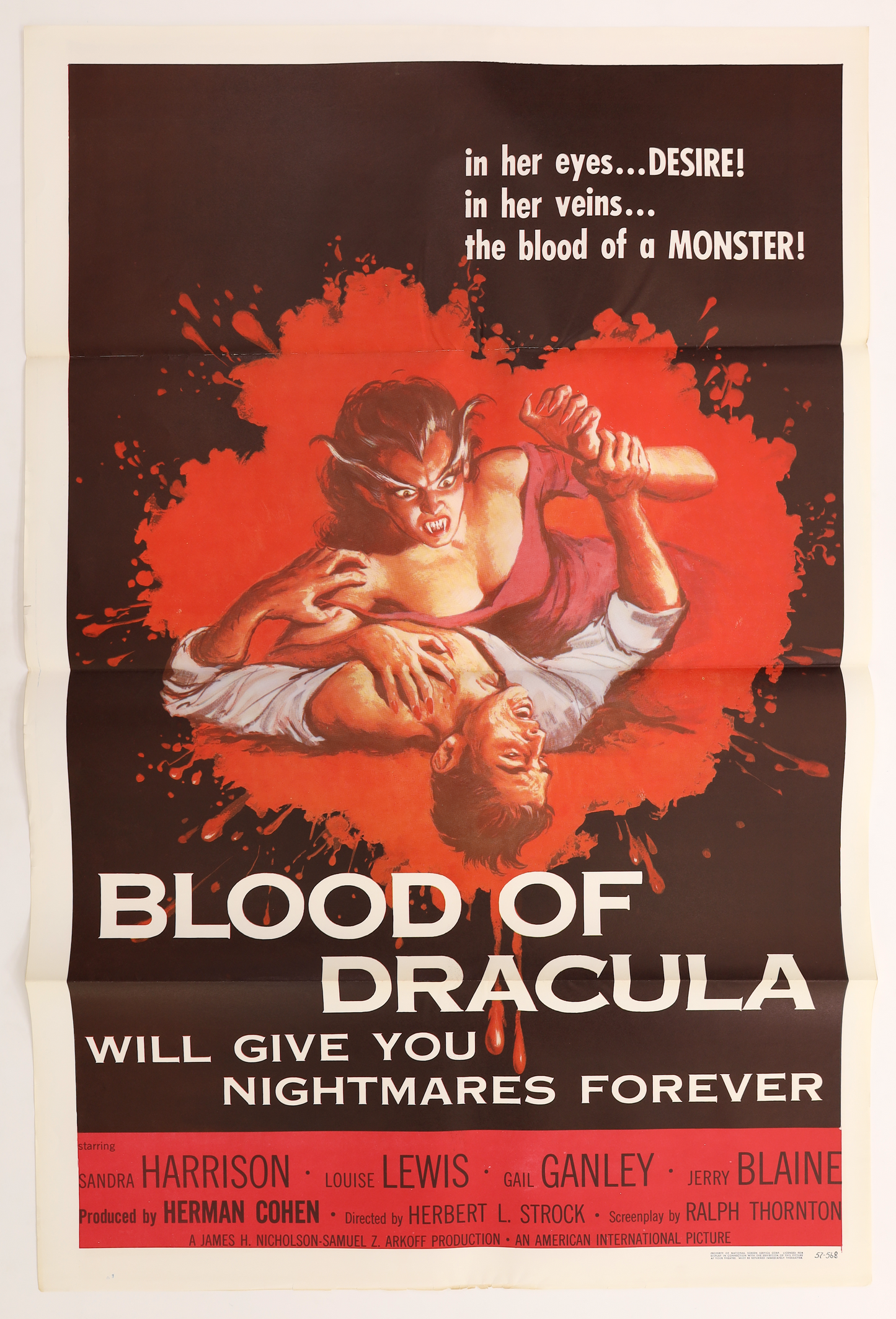 Original Blood of Dracula (1957) U.S. one sheet movie poster featuring illustrated vampire artwork in red and black with the tagline “will give you nightmares forever.”