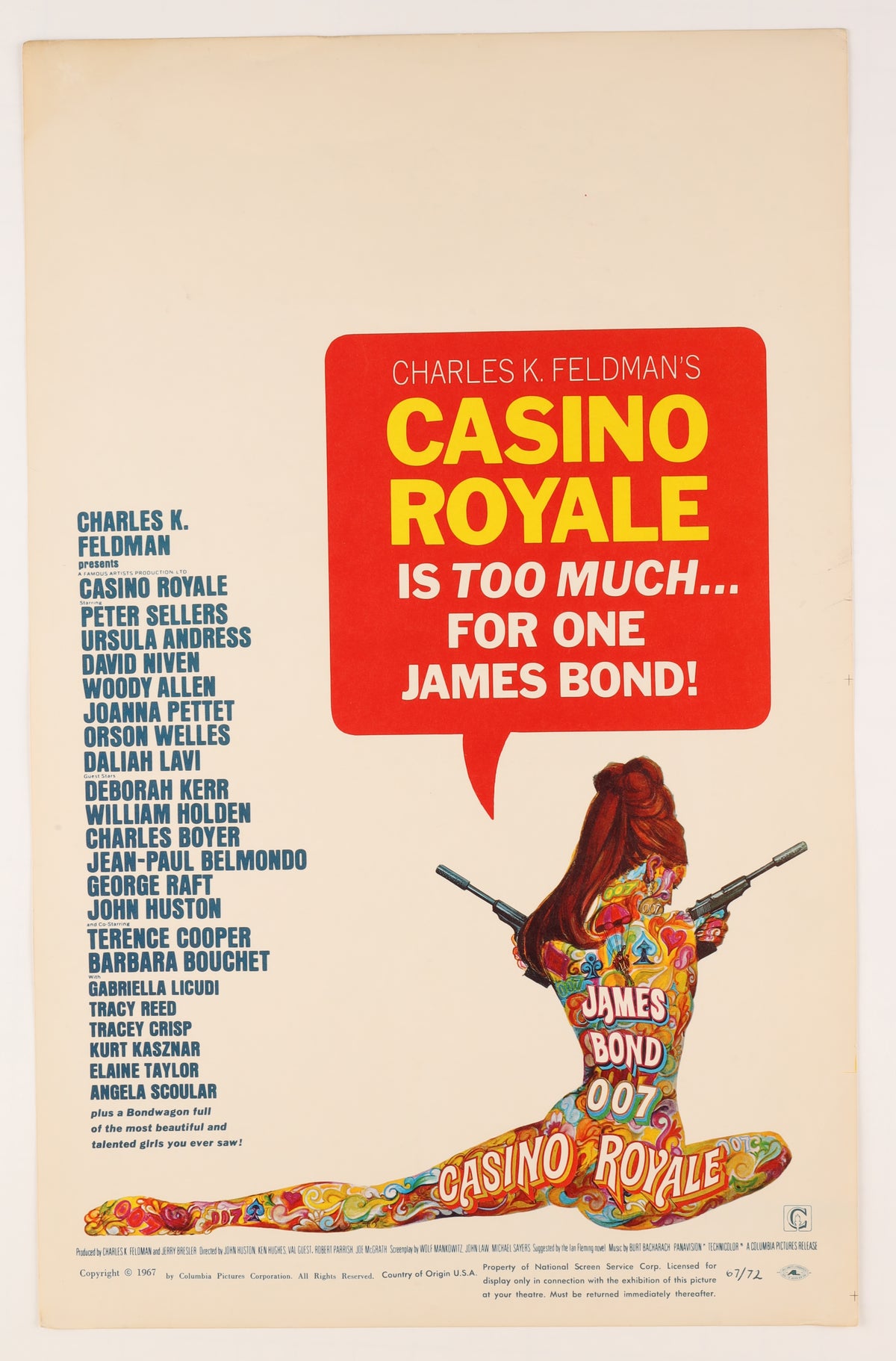 Full front view of the 1967 Casino Royale U.S. window card featuring Robert McGinnis artwork, James Bond imagery, colorful psychedelic design, cast credits, and Columbia Pictures information.
