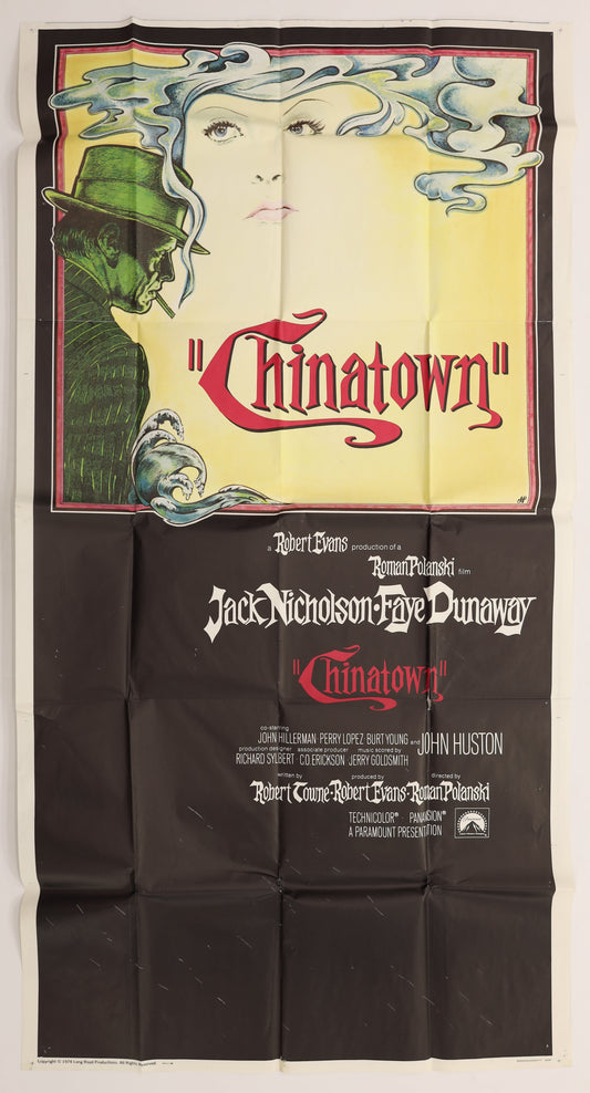Original Chinatown (1974) international three sheet movie poster featuring Jack Nicholson and Faye Dunaway with the distinctive illustrated Chinatown title artwork.