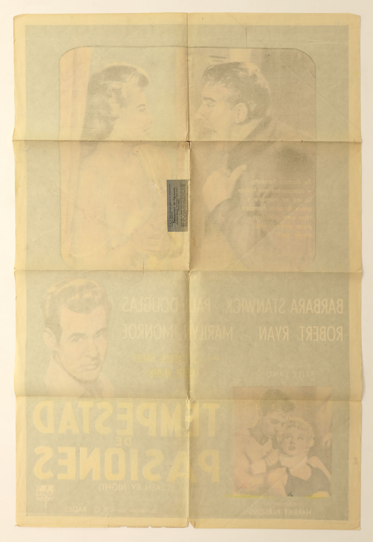 Reverse of the Clash by Night 1952 Argentinian one sheet movie poster showing original fold lines, age toning, staining and the attached paper label.
