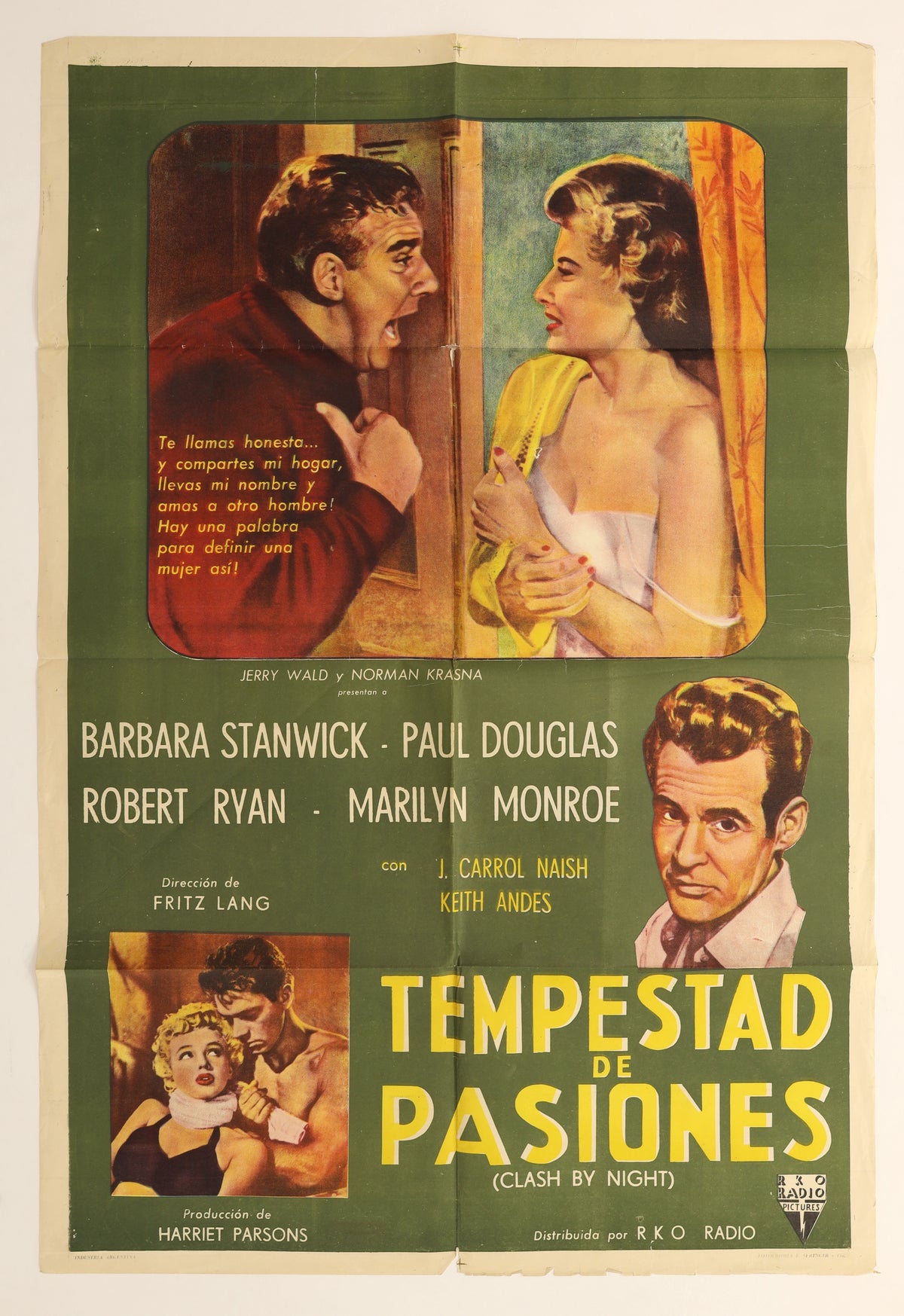 Original Clash by Night 1952 Argentinian one sheet movie poster featuring Barbara Stanwyck, Paul Douglas, Robert Ryan and Marilyn Monroe with the Spanish title Tempestad de Pasiones.