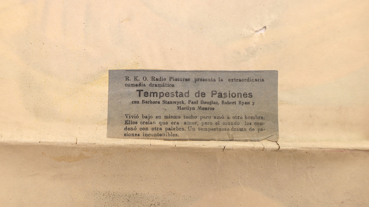 Reverse detail of the Clash by Night 1952 Argentinian one sheet poster showing an original Spanish-language paper label for Tempestad de Pasiones.
