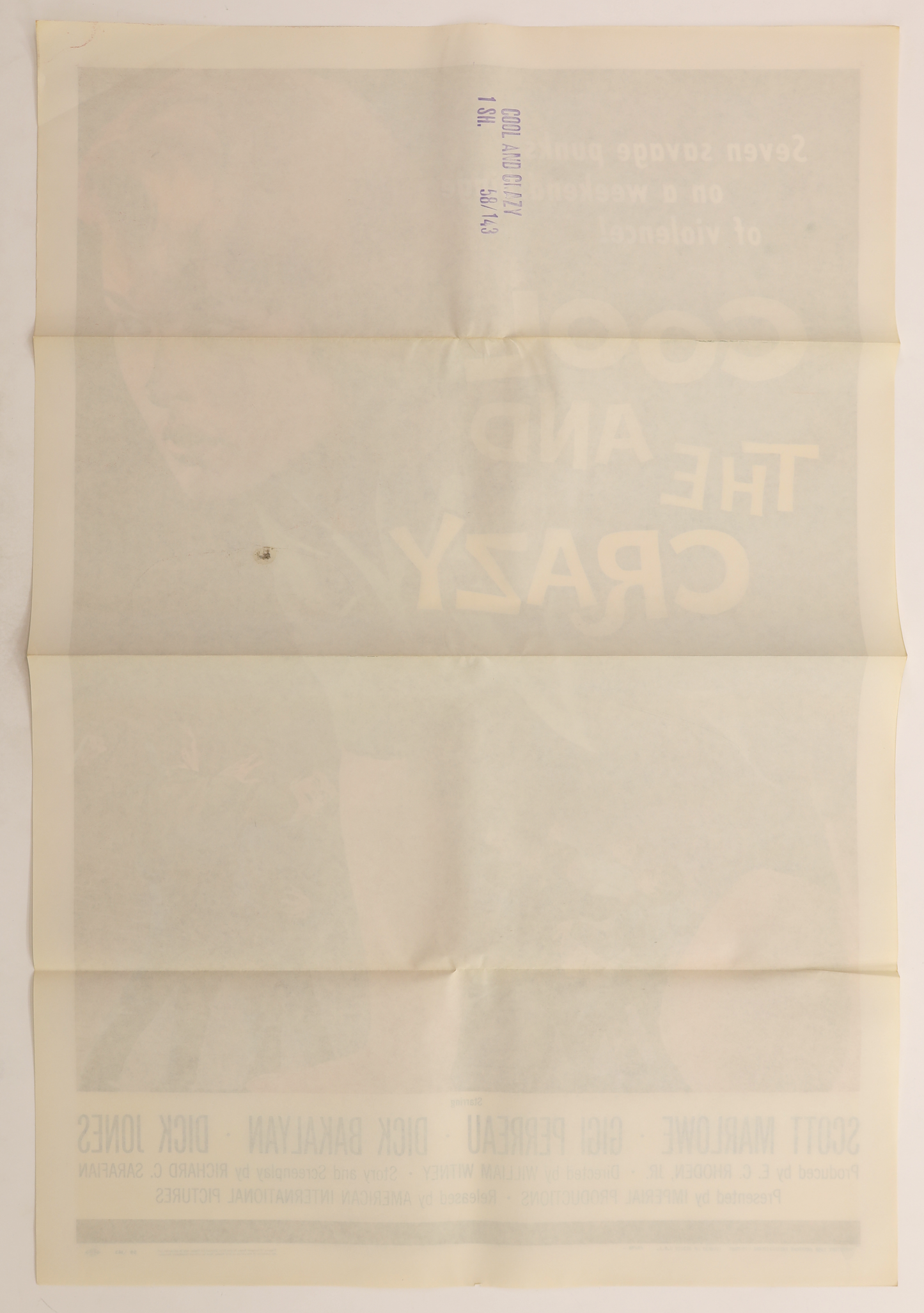 Back of original The Cool and the Crazy (1958) U.S. one sheet movie poster showing original fold lines, theater stamp, and minor age-related wear.