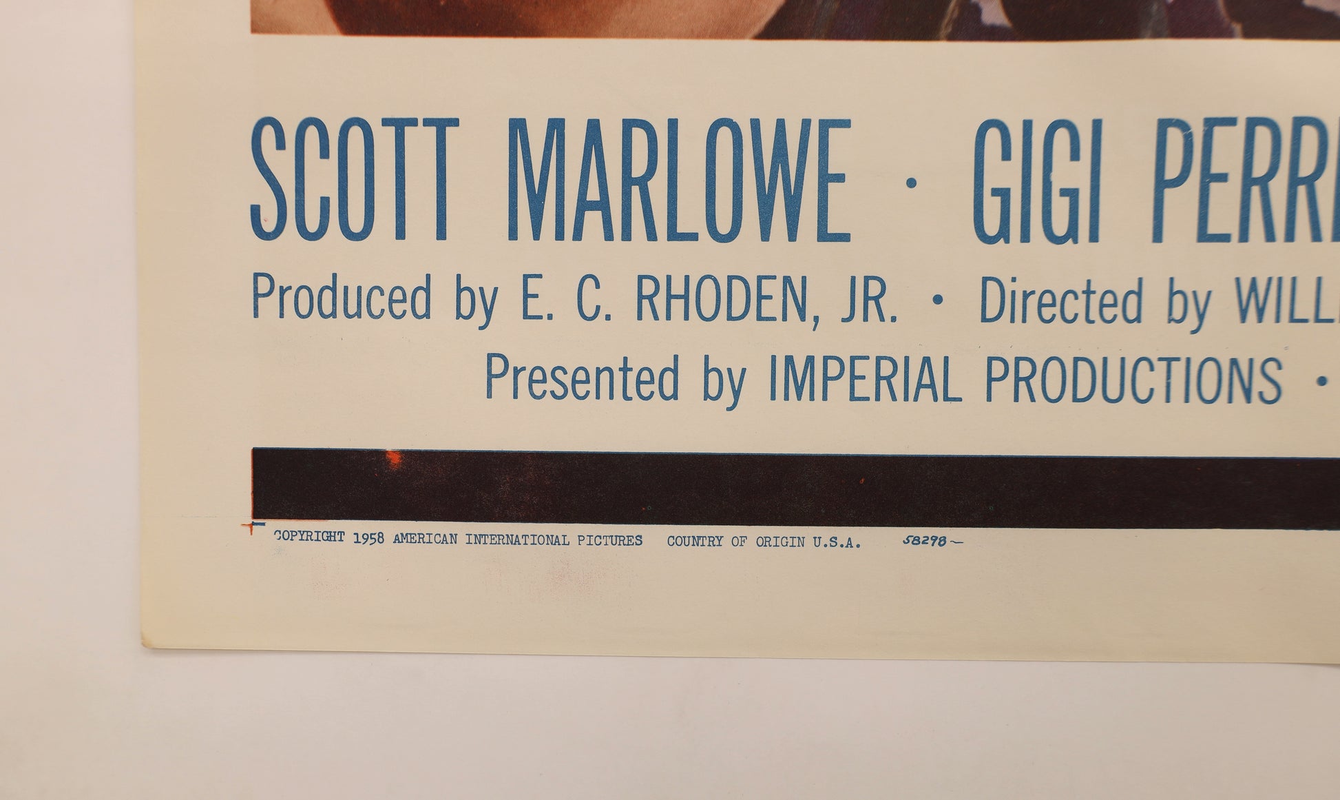Detail of The Cool and the Crazy (1958) one sheet poster showing the 1958 American International Pictures copyright and U.S. country-of-origin information.