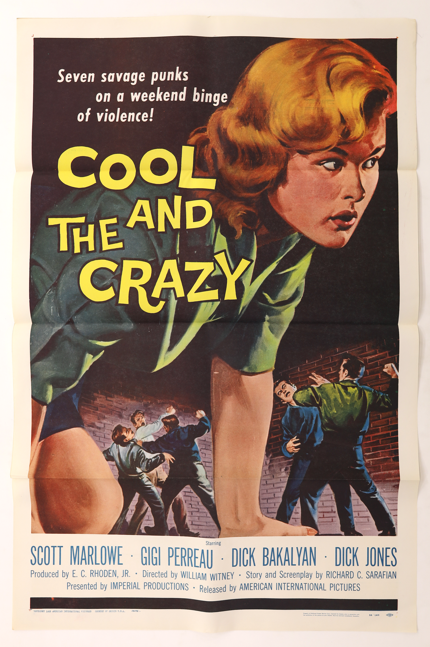 Original The Cool and the Crazy (1958) U.S. one sheet movie poster featuring illustrated juvenile delinquent artwork and bold yellow title lettering.