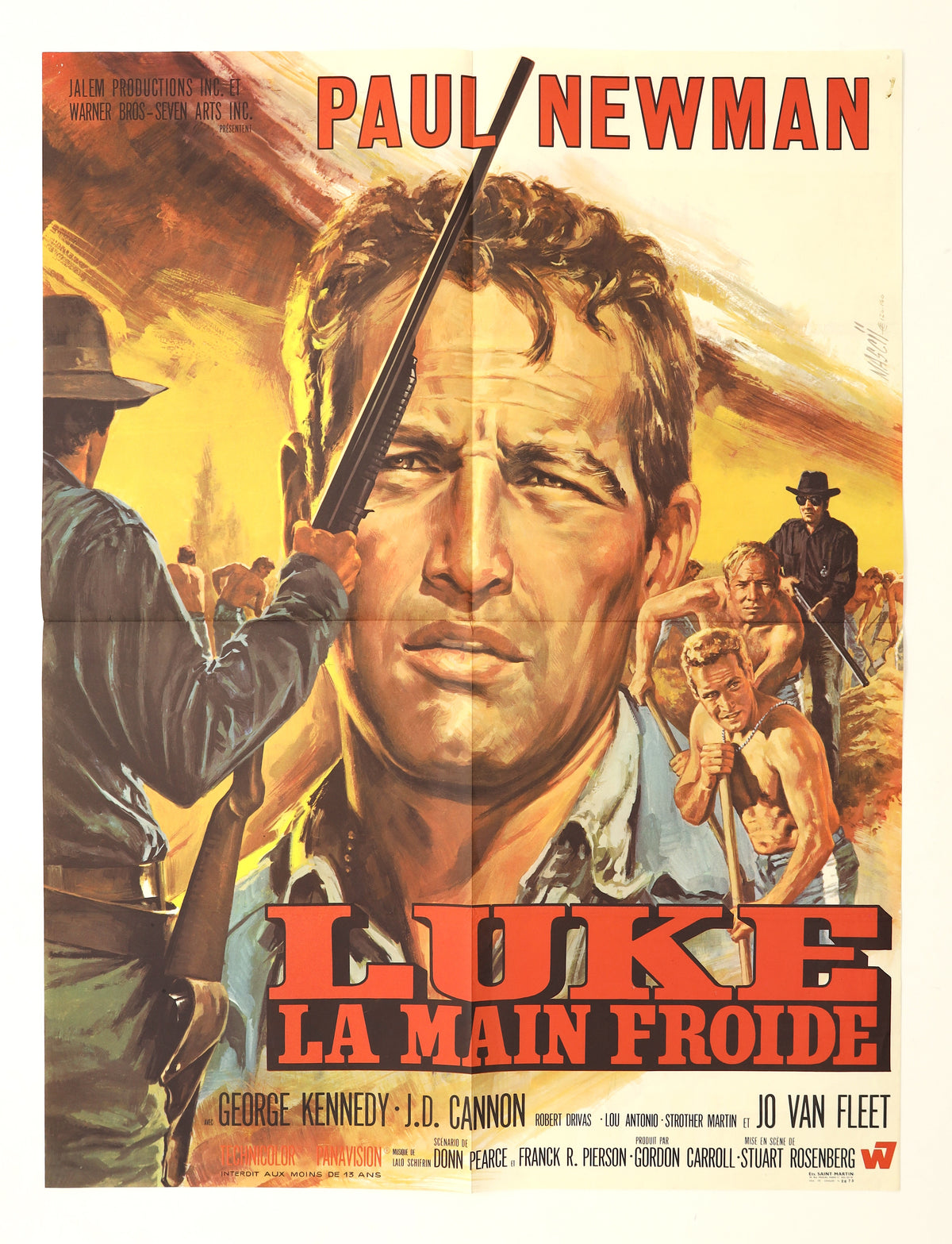 Original Cool Hand Luke 1967 French small movie poster featuring illustrated artwork of Paul Newman with prison guards and inmates and the French title Luke La Main Froide.