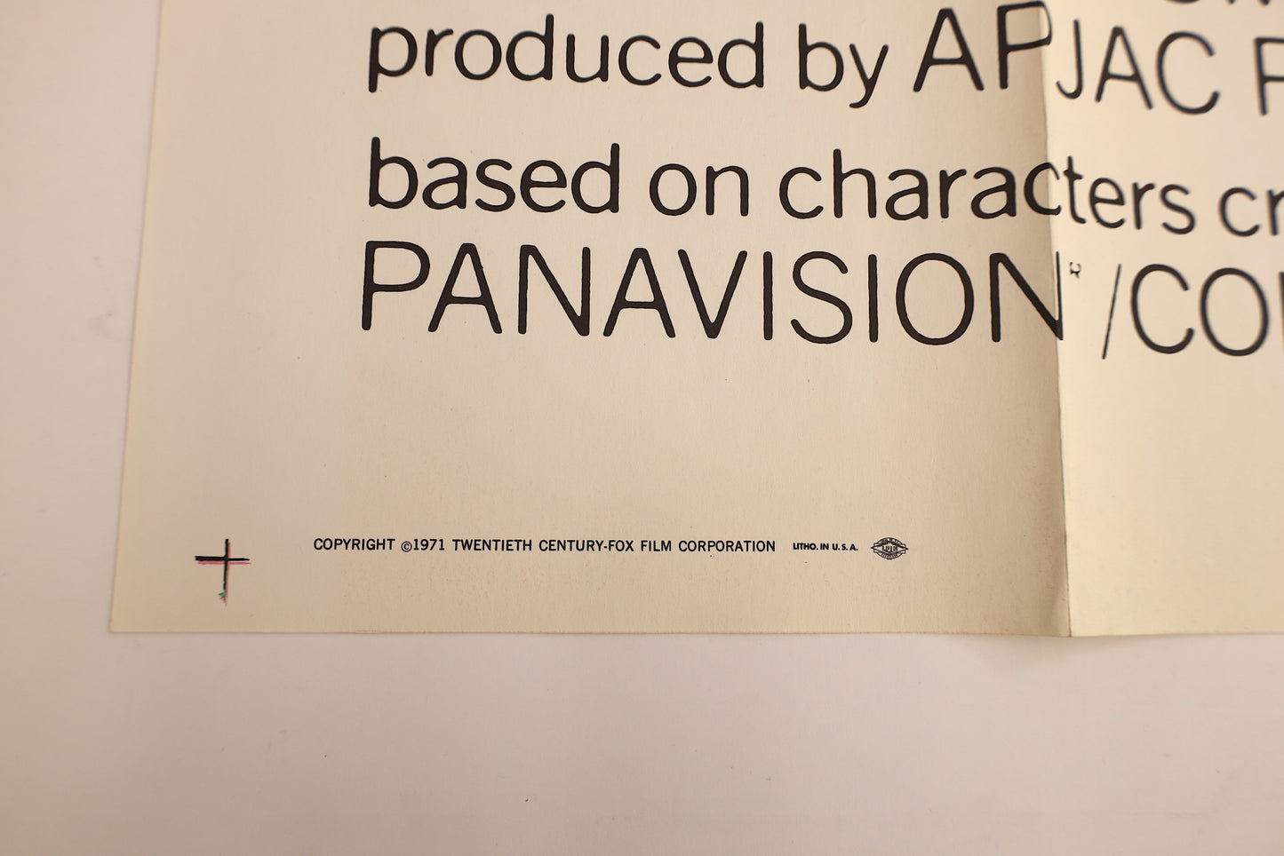 Detail of the Escape from the Planet of the Apes 1971 international three sheet poster showing the 20th Century Fox copyright, Litho in U.S.A. marking and printer emblem.