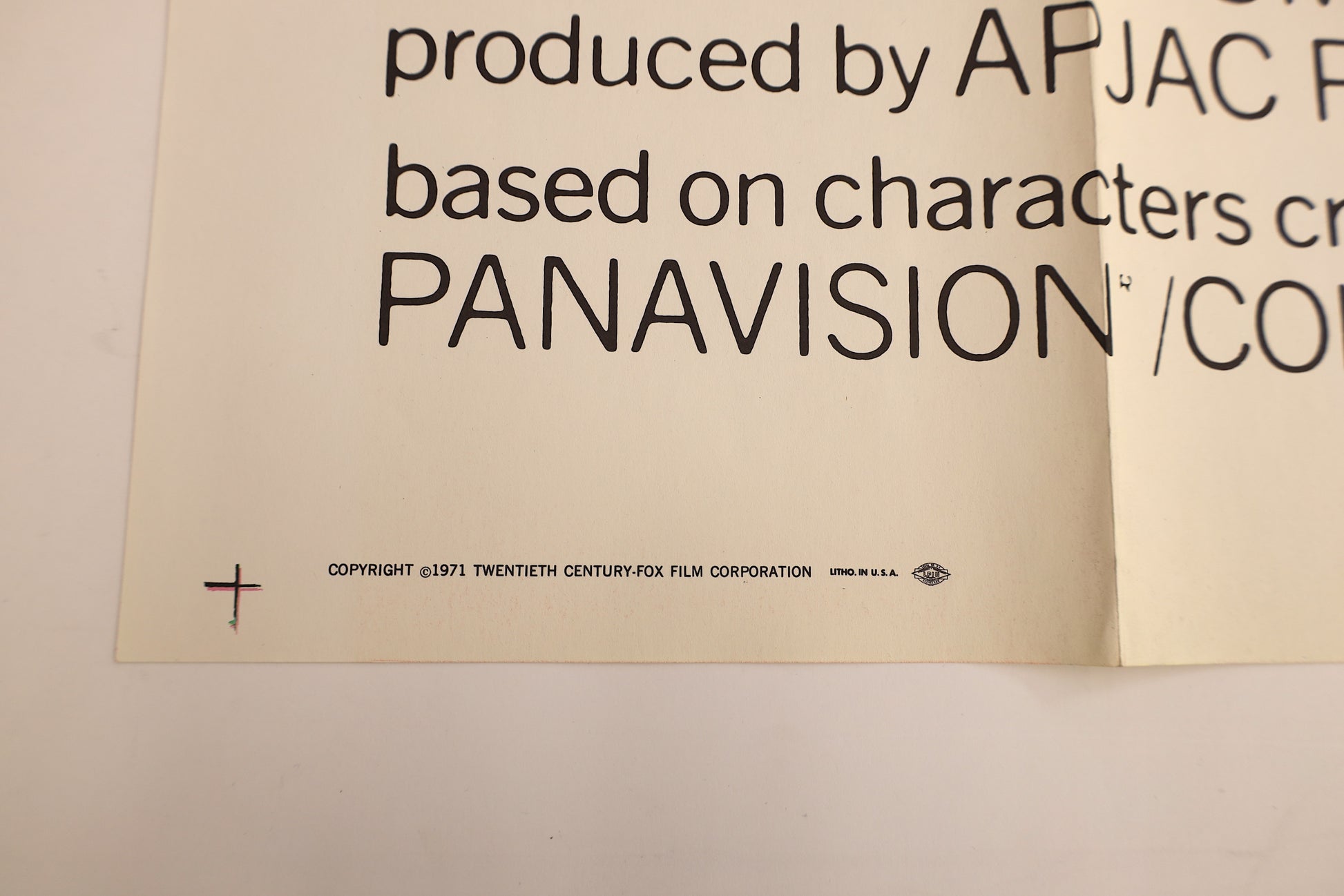 Detail of the Escape from the Planet of the Apes 1971 international three sheet poster showing the 20th Century Fox copyright, Litho in U.S.A. marking and printer emblem.