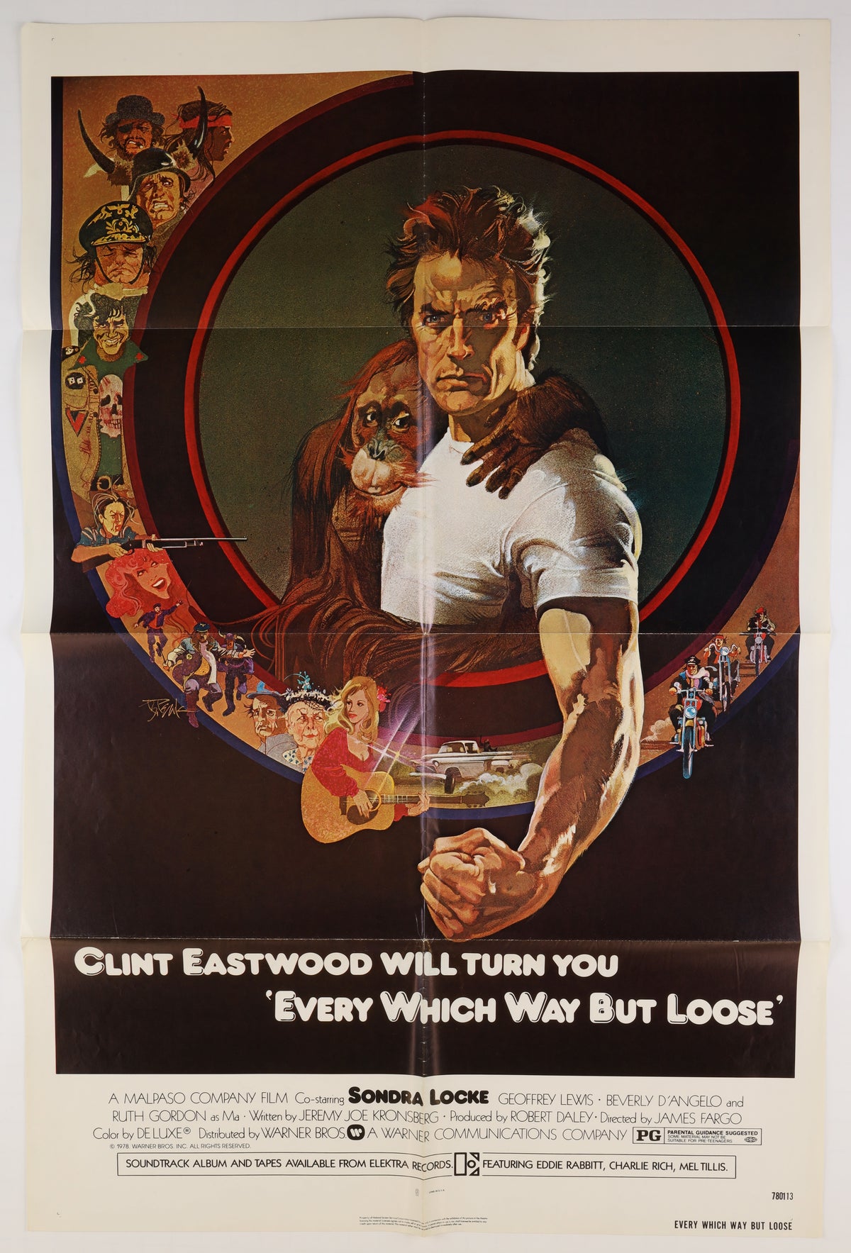 Front of the 1978 U.S. one sheet for Every Which Way But Loose, featuring Clint Eastwood with Clyde the orangutan in Bob Peak’s illustrated design.