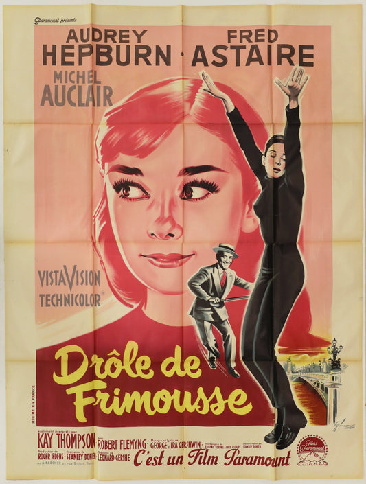 Full front view of the French Grande poster featuring Audrey Hepburn, Fred Astaire, the Parisian fashion-themed artwork, and the title “Drôle de Frimousse.”