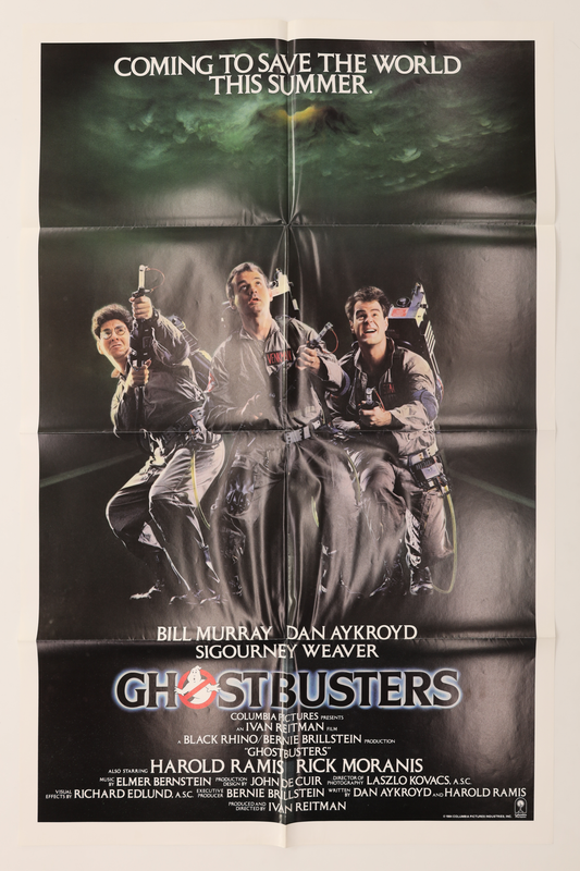Original Ghostbusters (1984) U.S. advance one sheet movie poster featuring Bill Murray, Dan Aykroyd, and Harold Ramis in Ghostbusters uniforms.