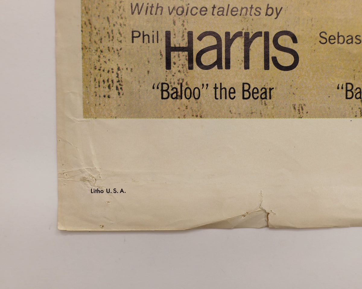 Detail of The Jungle Book 1967 one sheet poster showing edge tears, creasing and paper separation near the Litho U.S.A. marking.