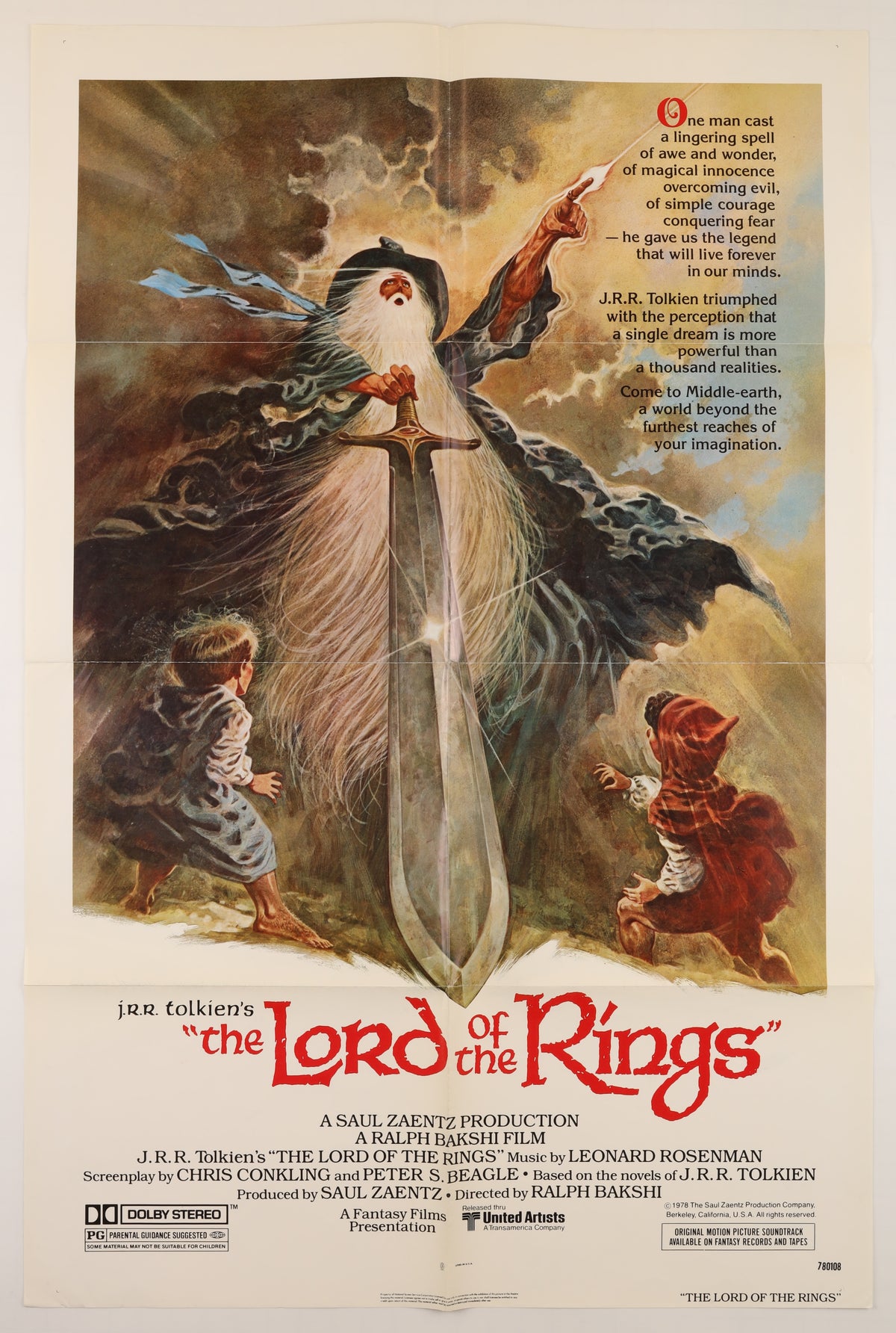 Front of a 1978 U.S. one sheet movie poster for The Lord of the Rings, featuring Tom Jung artwork of Gandalf, Frodo, and Sam with the film title and credits.