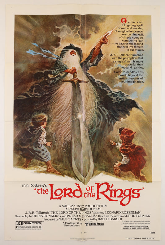 Front of a 1978 U.S. one sheet movie poster for The Lord of the Rings, featuring Tom Jung artwork of Gandalf, Frodo, and Sam with the film title and credits.