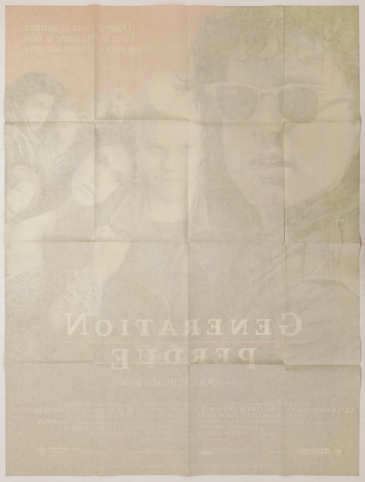 Reverse of The Lost Boys French Grande poster showing original folds, surface soiling, and handwritten notation.