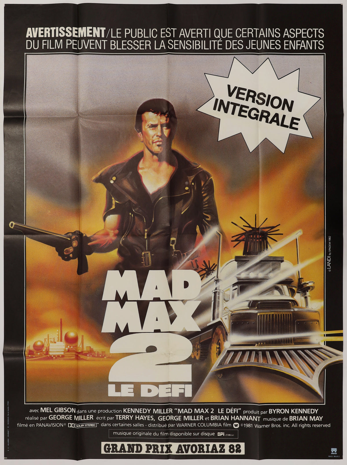 Front view of original French Mad Max 2 Grande movie poster with Mel Gibson, vehicle artwork, and “Version Intégrale” text