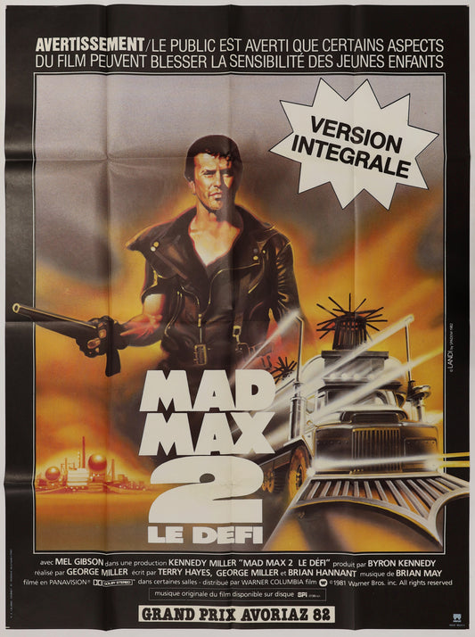 Front view of original French Mad Max 2 Grande movie poster with Mel Gibson, vehicle artwork, and “Version Intégrale” text