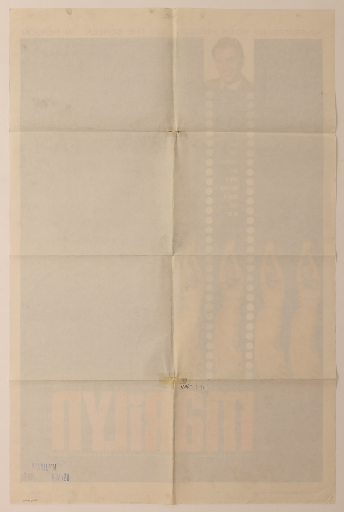 Reverse of the Marilyn 1963 U.S. one sheet movie poster showing original fold lines, age toning, handwritten markings and tape reinforcement.