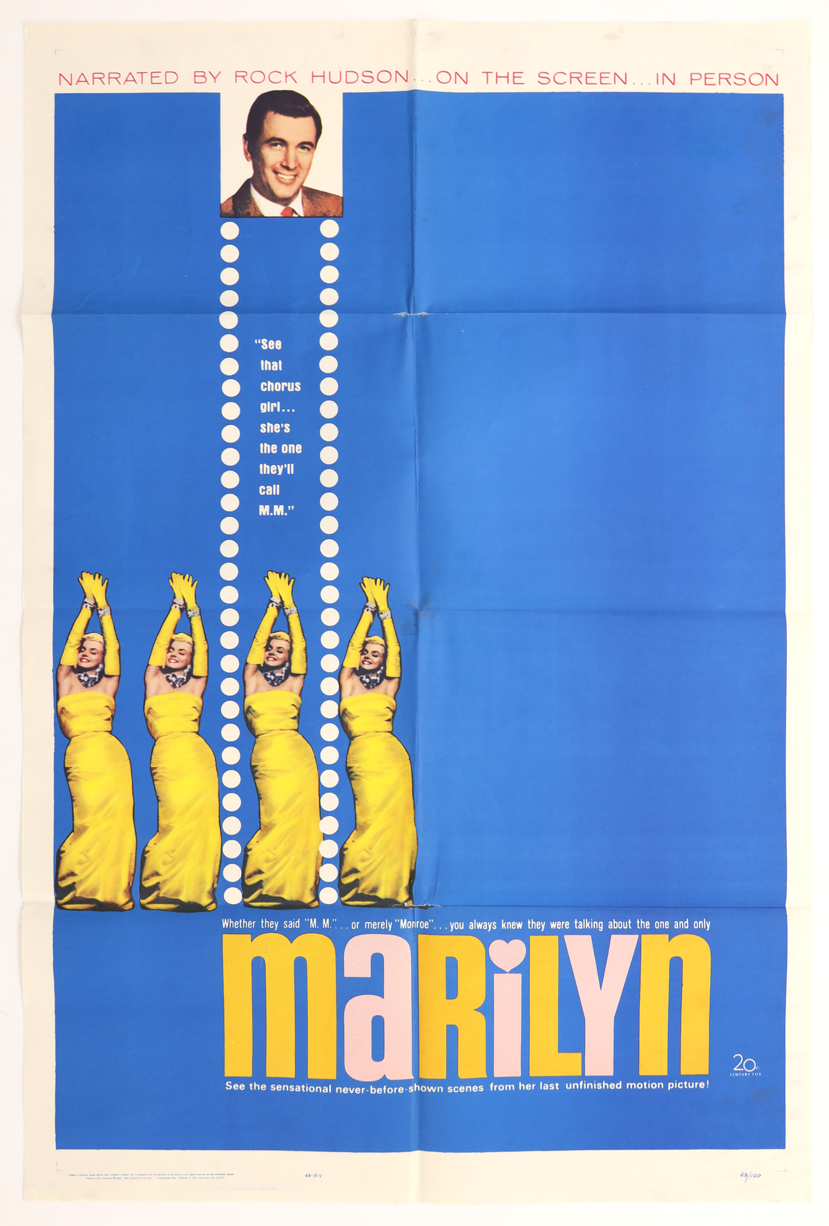 Original Marilyn 1963 U.S. one sheet movie poster featuring Rock Hudson and repeated images of Marilyn Monroe in a yellow gown against a blue background.