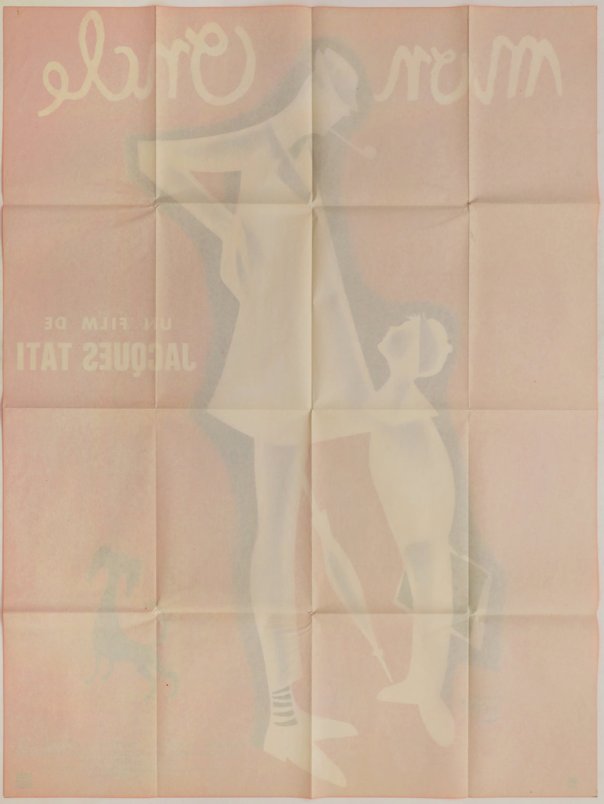 Full reverse showing the extensive horizontal and vertical fold grid, light toning, and strong bleed-through of the front artwork.
