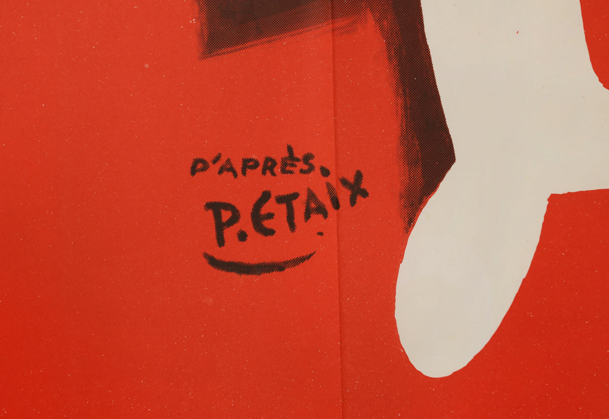Close-up of red poster artwork showing the “d’après P. Étaix” credit and a vertical fold line.
