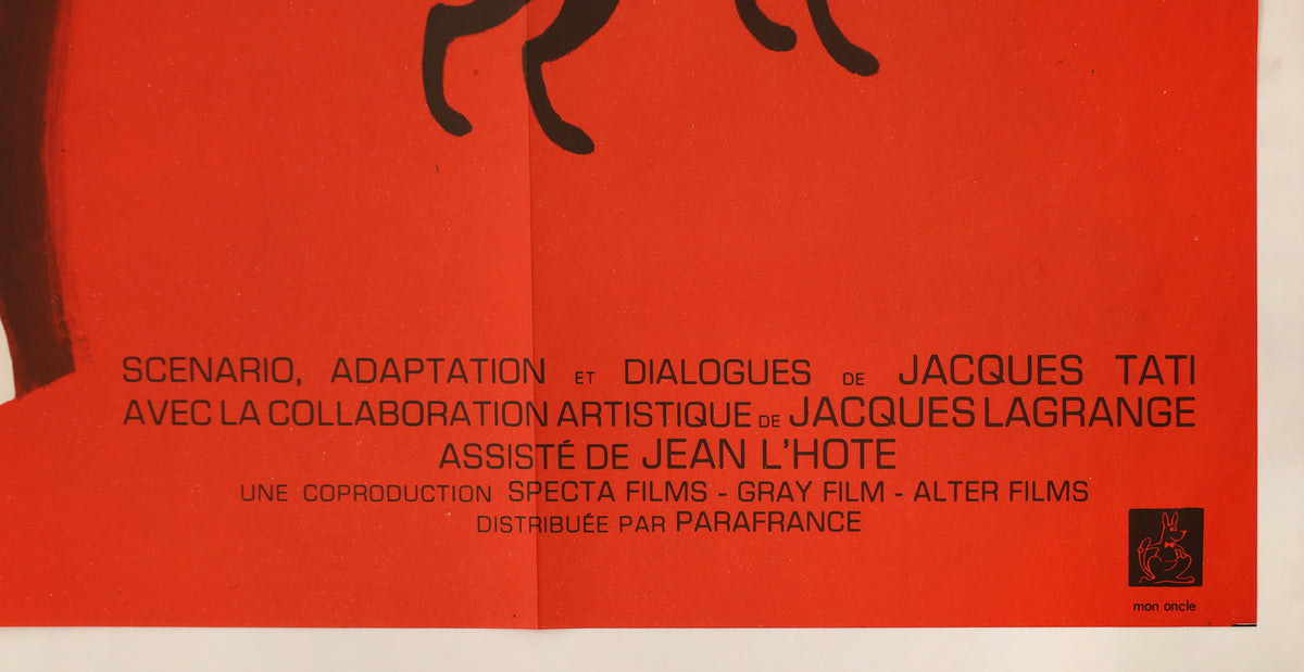 Close-up of lower poster showing Jacques Tati screenplay credits, Specta Films, Gray Film, Alter Films, and Parafrance distribution information.