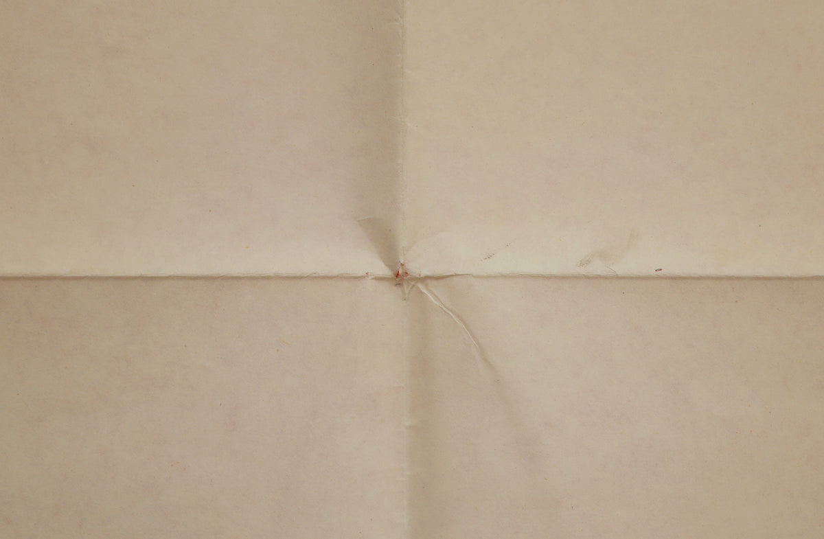 Close-up of the reverse showing a fold intersection with a small split and localized paper damage.