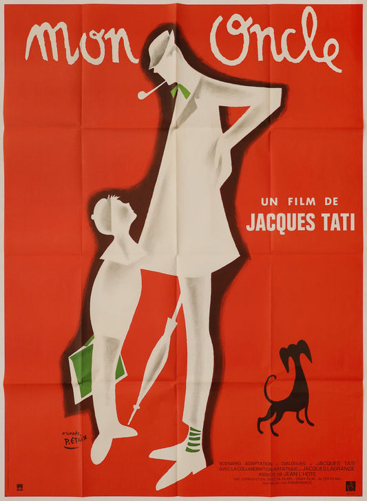 Full front view of the red French poster showing Monsieur Hulot and his nephew, “Mon Oncle,” Jacques Tati, Pierre Étaix credit, and black dog illustration.