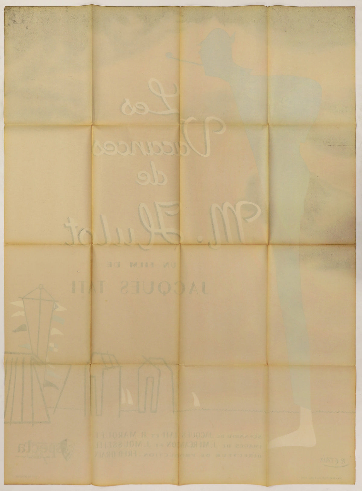 Full reverse of the folded French Mr. Hulot's Holiday poster showing extensive fold lines, toning, and strong bleed-through of the front artwork.