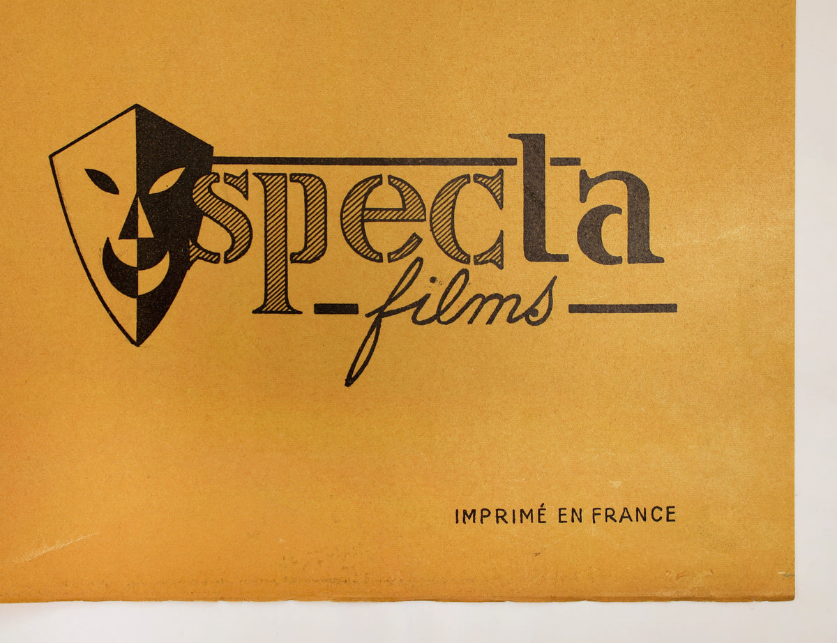 Close-up of the lower corner of the French Mr. Hulot's Holiday poster showing the Specta Films logo, “Imprimé en France,” and age-related surface wear.