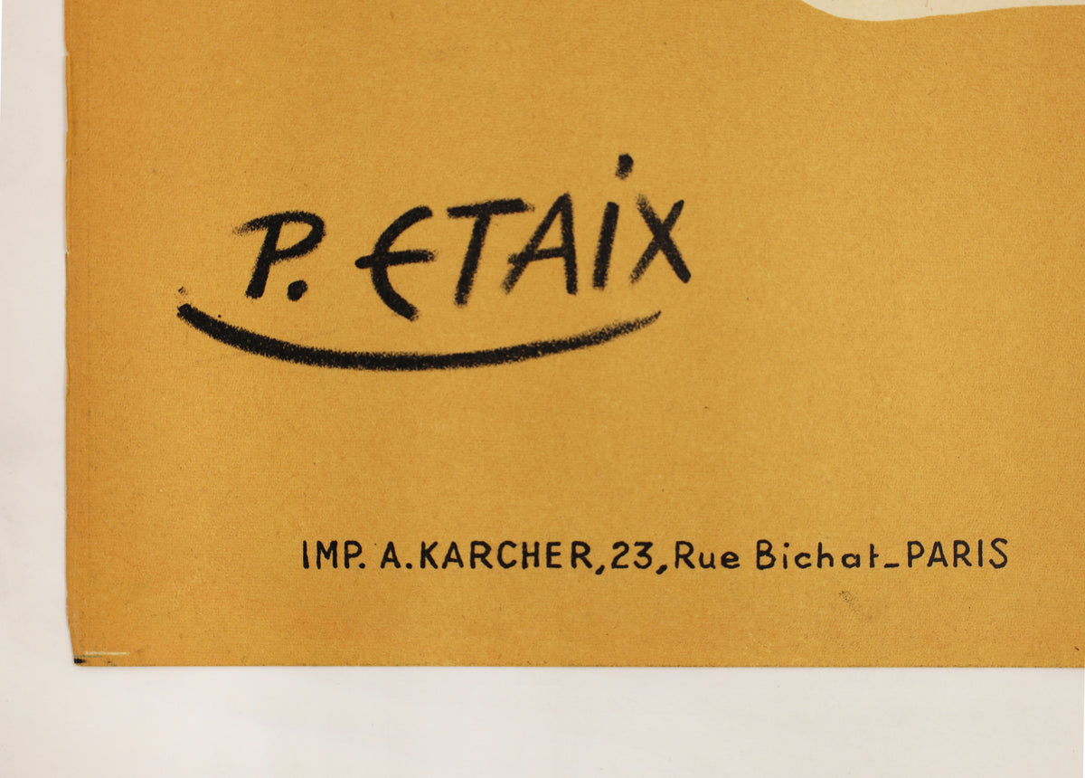 Close-up of the lower corner of the poster showing the Pierre Étaix signature and A. Karcher Paris printer marking.
