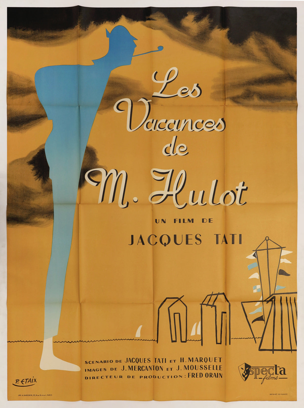 Full front view of the French Mr. Hulot's Holiday poster featuring Pierre Étaix's stylized Monsieur Hulot figure and seaside artwork.