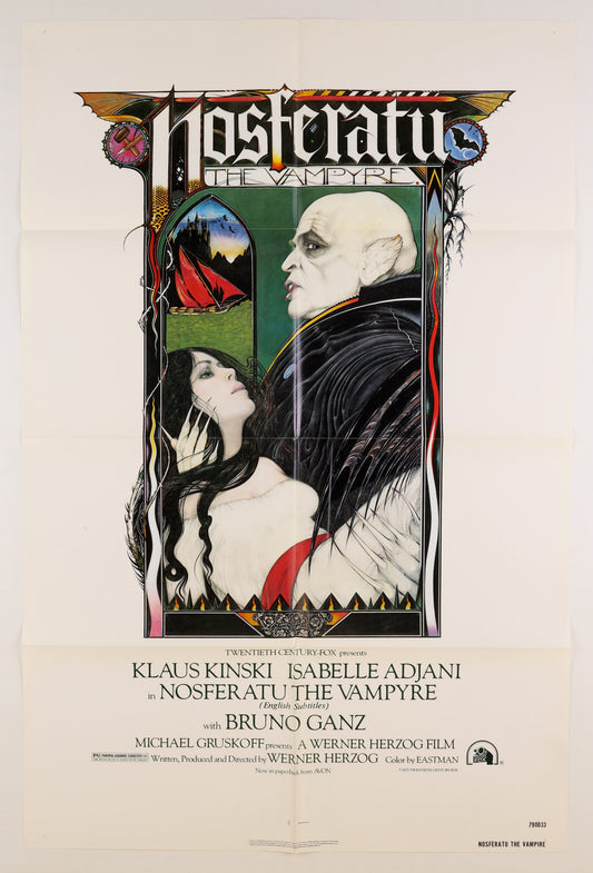 Full front view of the 1979 U.S. one sheet for Nosferatu the Vampyre, featuring David Palladini’s gothic artwork of Nosferatu and a woman, with Klaus Kinski, Isabelle Adjani, and Bruno Ganz credits below.