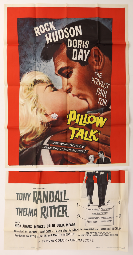 Original Pillow Talk 1959 three sheet movie poster featuring Rock Hudson and Doris Day in colorful illustrated artwork with red borders.