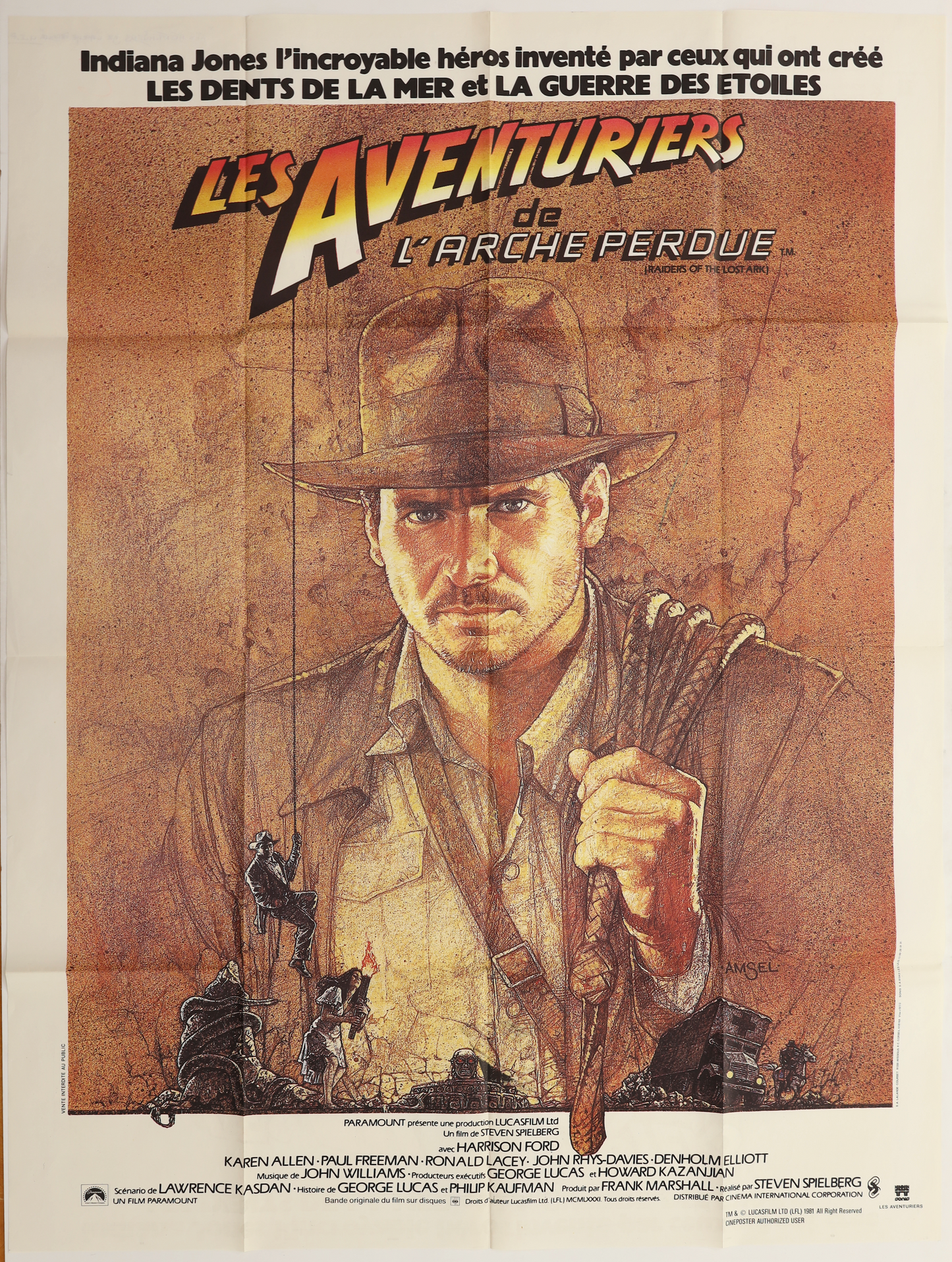 Original Raiders of the Lost Ark (1981) French Grande movie poster featuring Harrison Ford as Indiana Jones in Richard Amsel artwork.