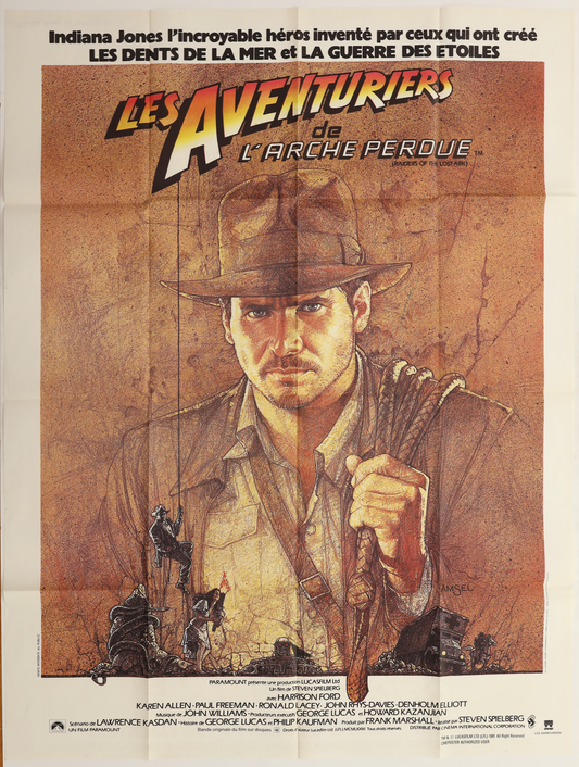 Original Raiders of the Lost Ark (1981) French Grande movie poster featuring Harrison Ford as Indiana Jones in Richard Amsel artwork.