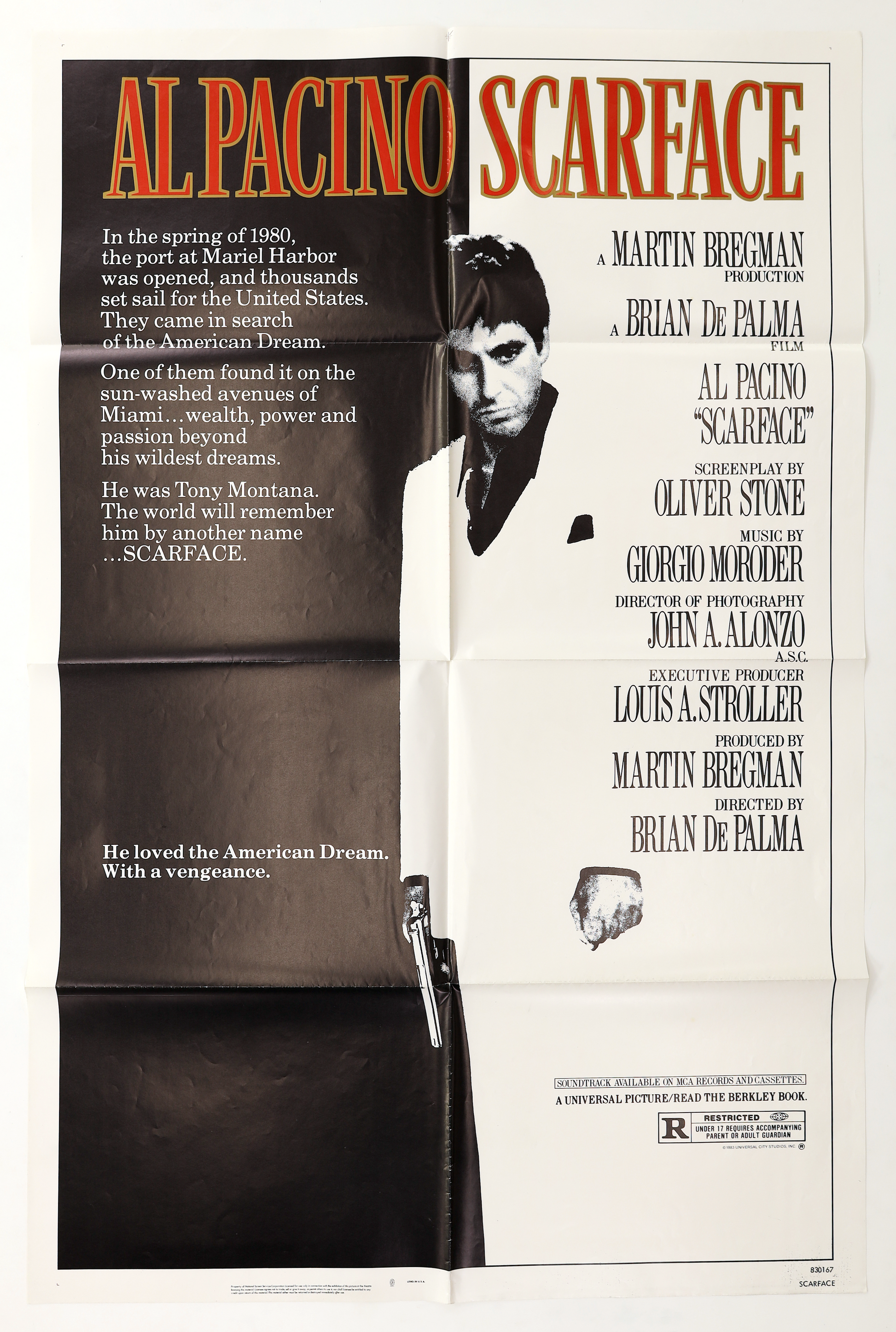 Original Scarface (1983) one sheet movie poster featuring Al Pacino as Tony Montana in the classic black-and-white design.