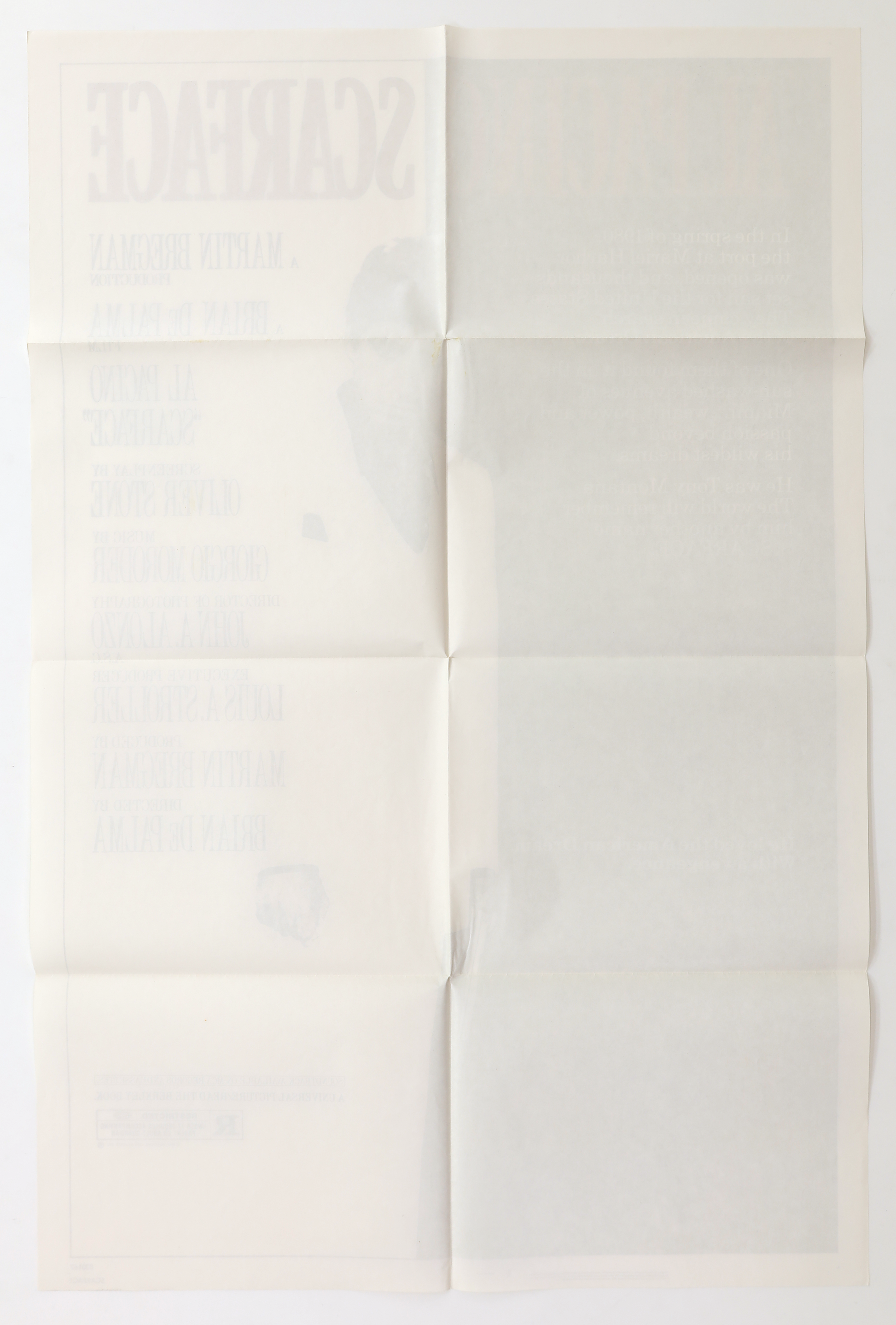 Back of original Scarface (1983) one sheet movie poster showing fold lines and reverse printing.