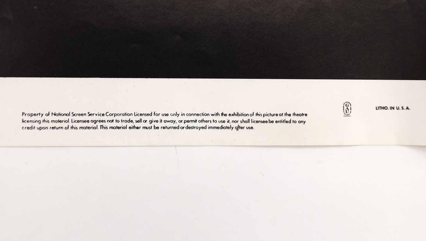 Close-up of bottom edge of Scarface (1983) one sheet movie poster showing National Screen Service text and Litho in U.S.A. marking.